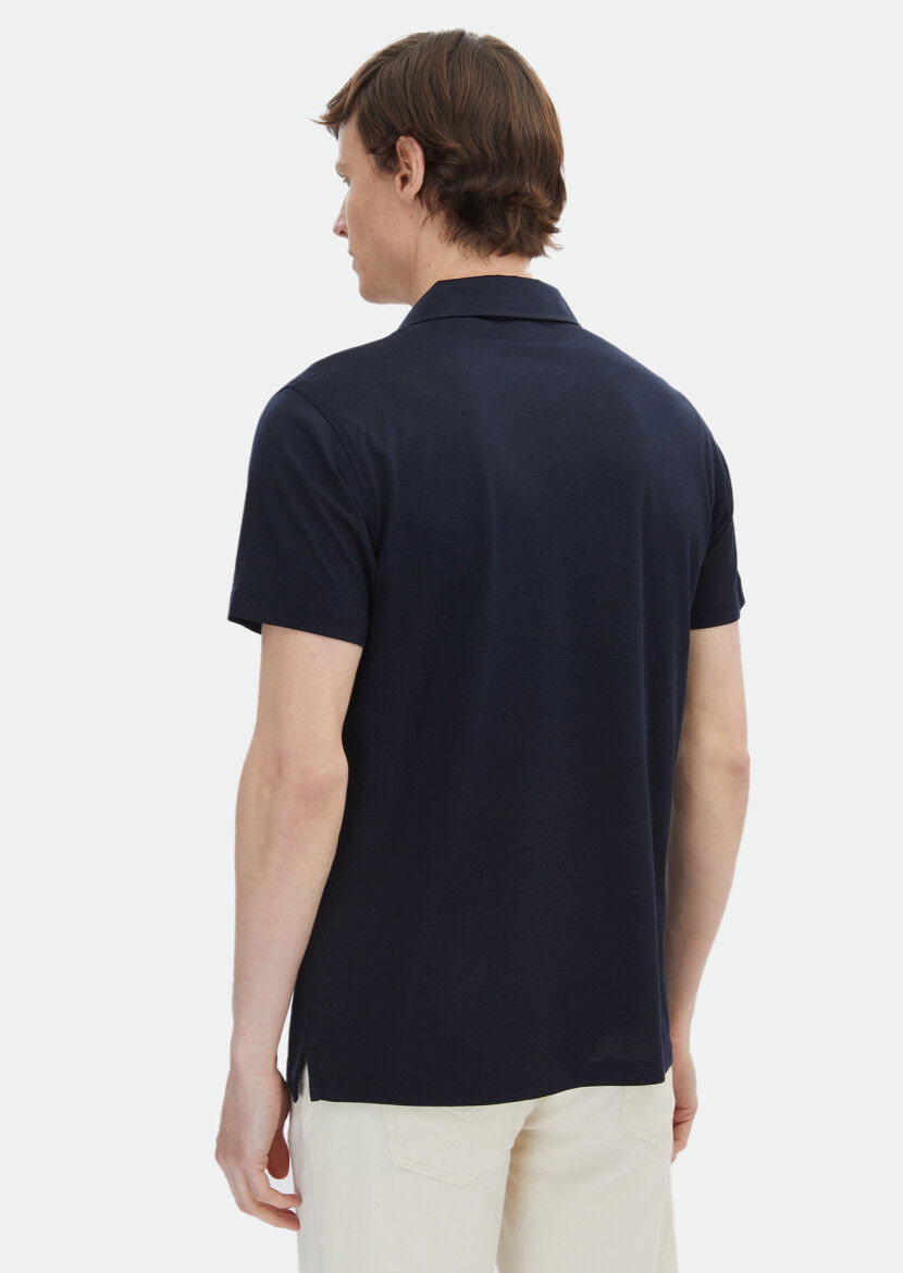 Lacivert Düz Polo Yaka İpek Karışımlı T-Shirt - 5