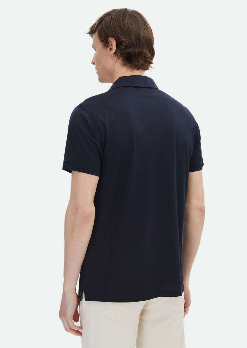 Lacivert Düz Polo Yaka İpek Karışımlı T-Shirt - 5