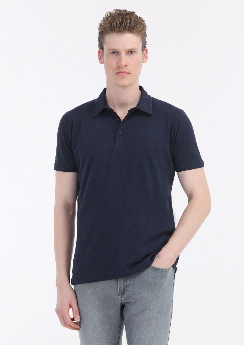 Lacivert Düz Polo Yaka Pamuk Karışımlı T-Shirt - 2
