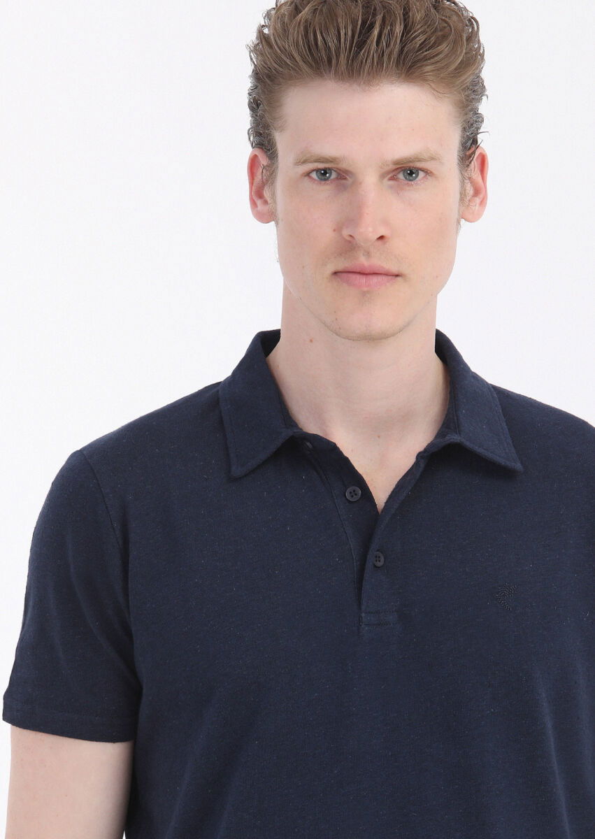 Lacivert Düz Polo Yaka Pamuk Karışımlı T-Shirt - 3