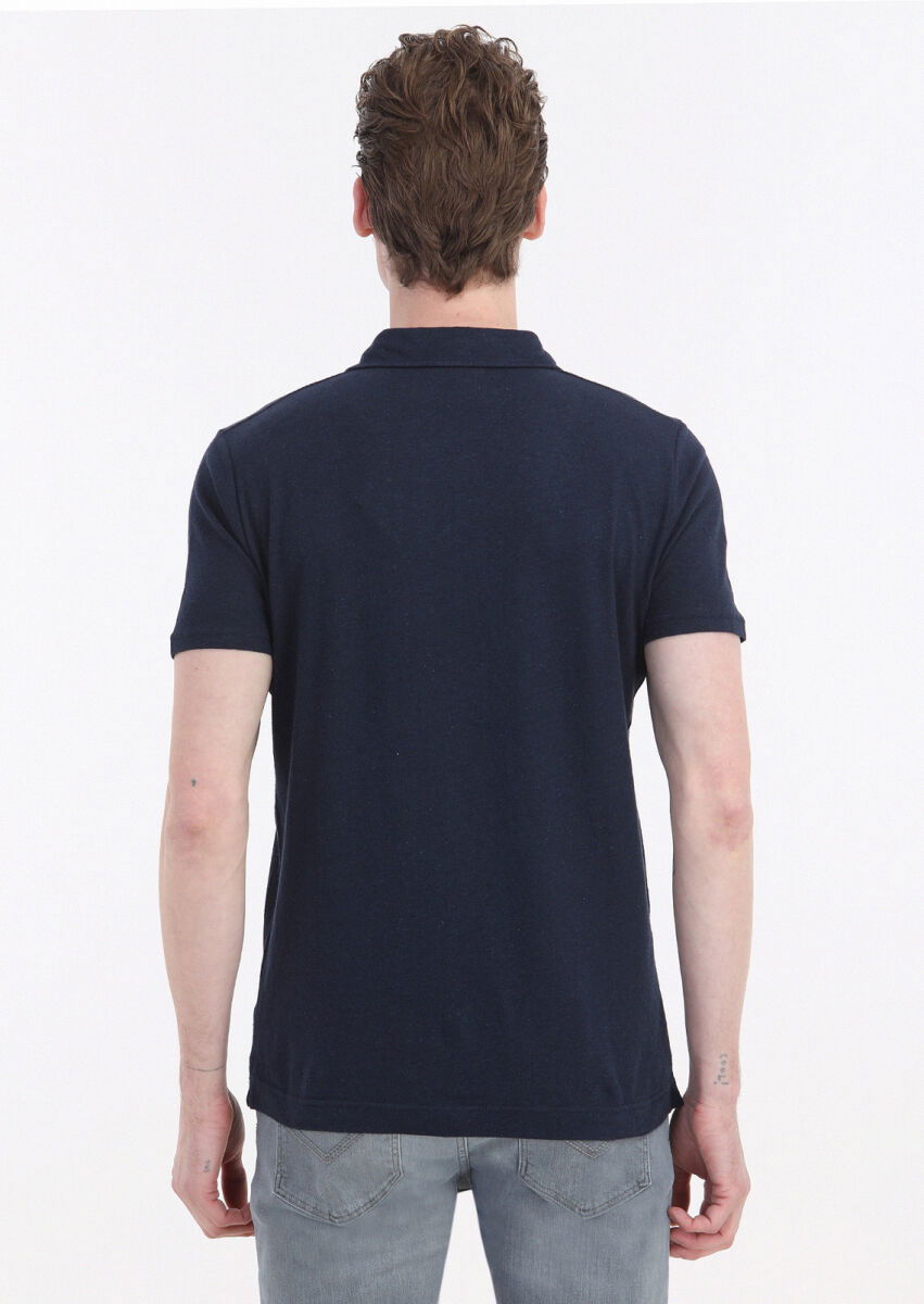 Lacivert Düz Polo Yaka Pamuk Karışımlı T-Shirt - 4