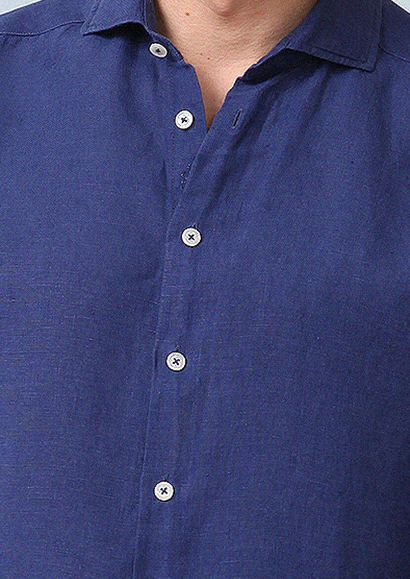 Lacivert Düz Regular Fit Dokuma Casual %100 Keten Gömlek - 3