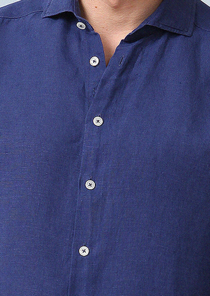 Lacivert Düz Regular Fit Dokuma Casual %100 Keten Gömlek - 3