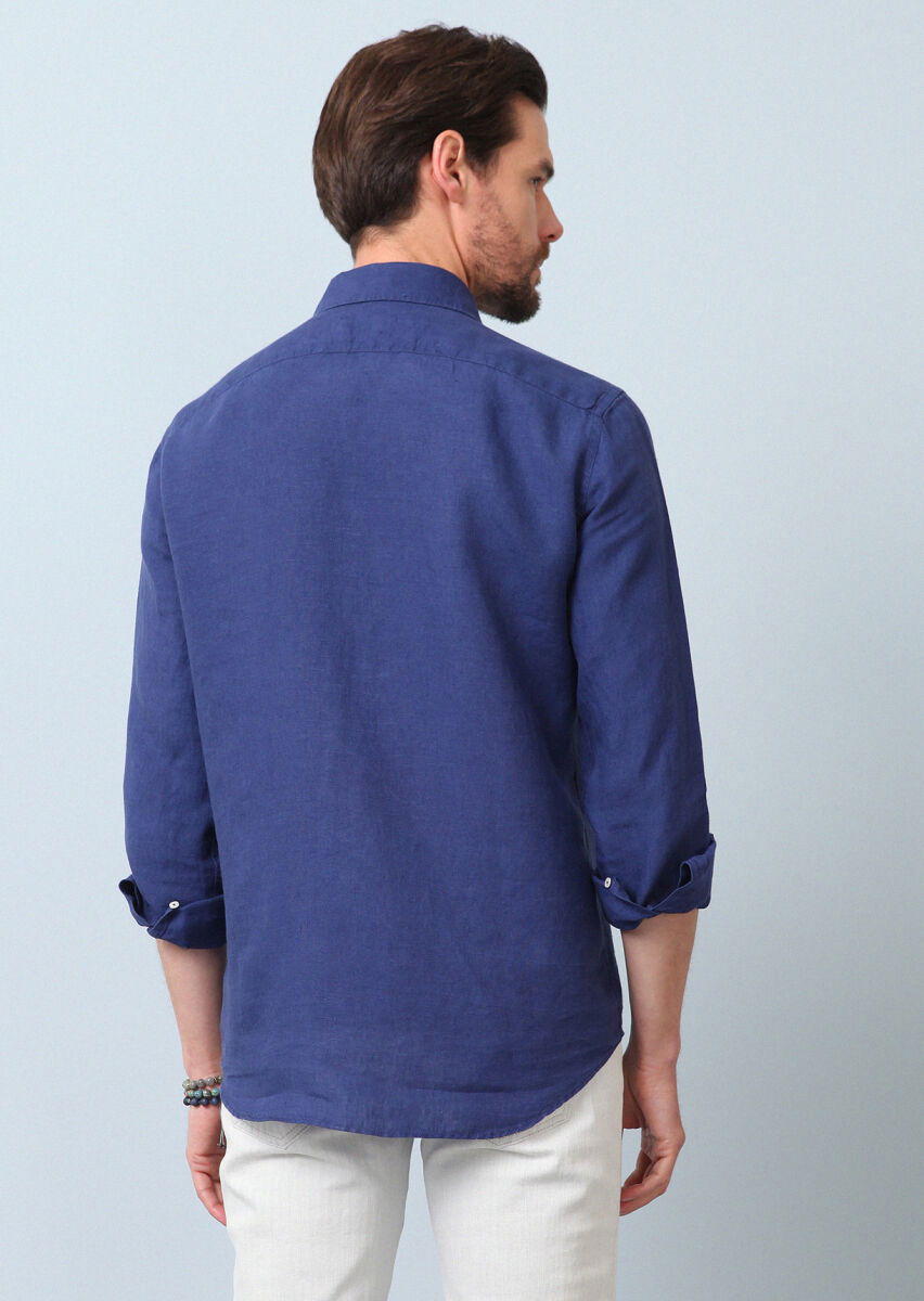 Lacivert Düz Regular Fit Dokuma Casual %100 Keten Gömlek - 7