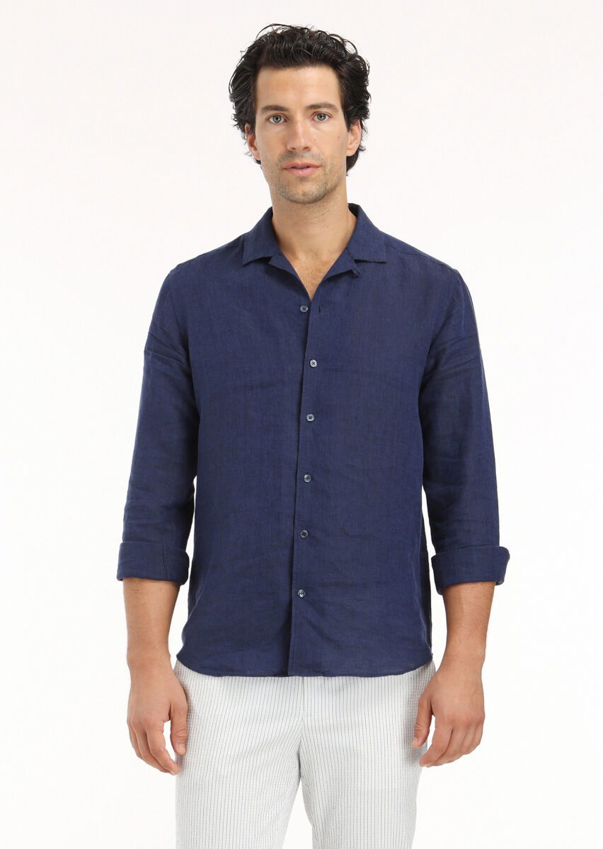 Lacivert Düz Regular Fit Dokuma Casual %100 Keten Gömlek - 2