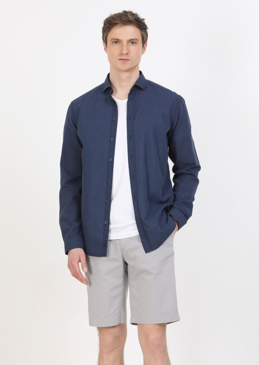 Lacivert Düz Regular Fit Dokuma Casual %100 Pamuk Gömlek 