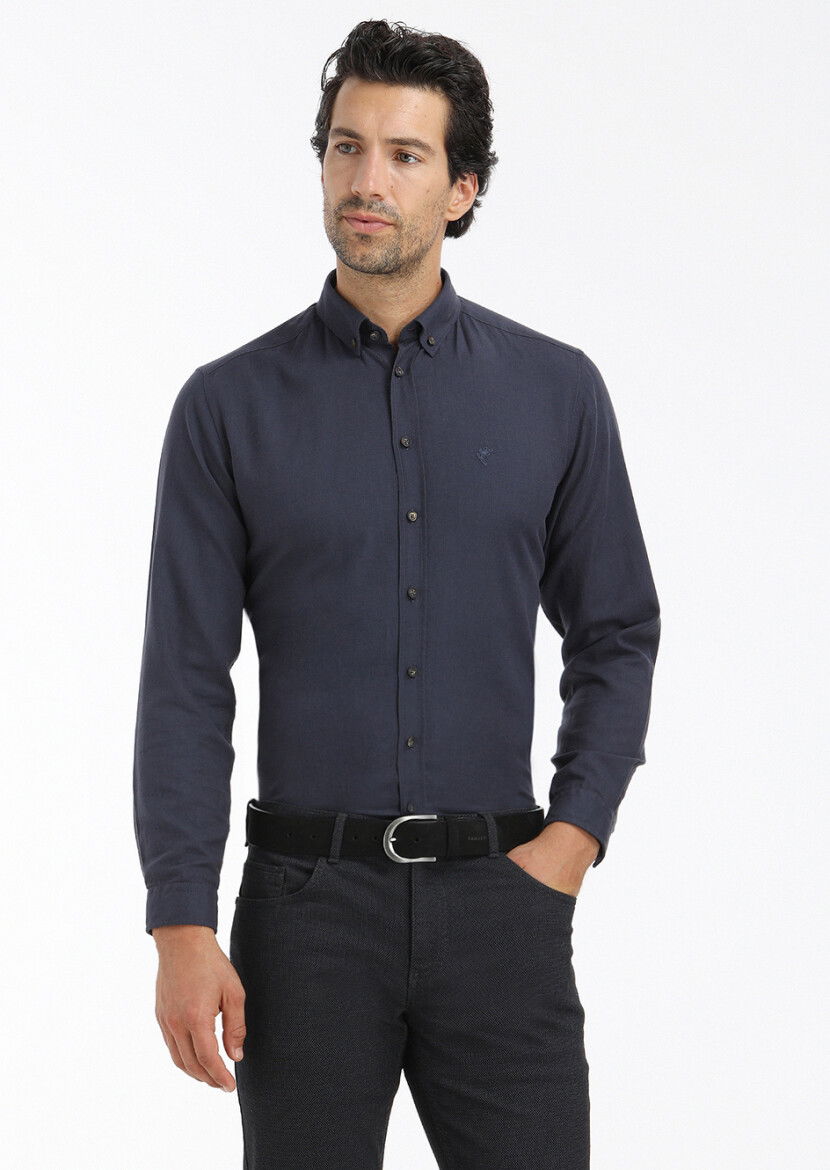 Lacivert Düz Regular Fit Dokuma Casual %100 Pamuk Gömlek - 2