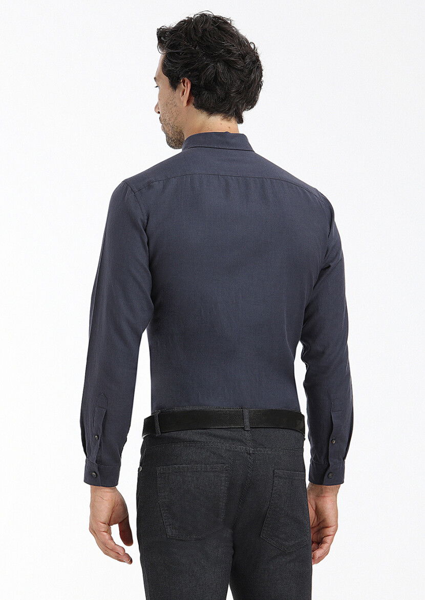Lacivert Düz Regular Fit Dokuma Casual %100 Pamuk Gömlek - 4