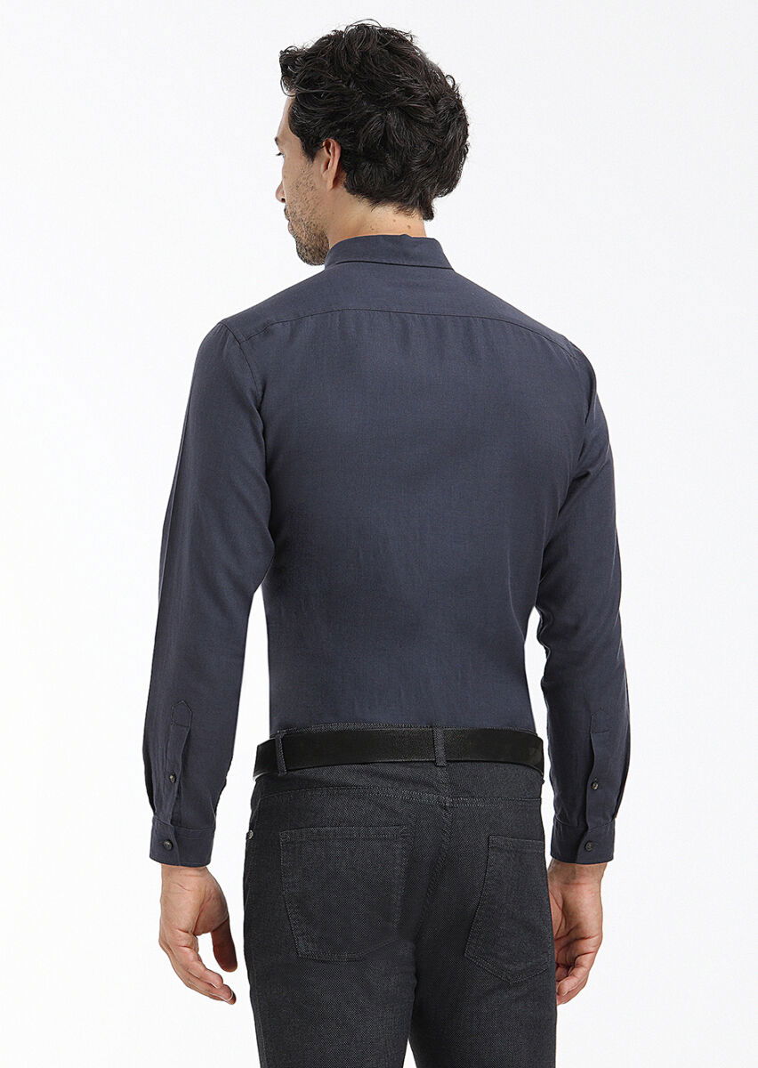 Lacivert Düz Regular Fit Dokuma Casual %100 Pamuk Gömlek - 4