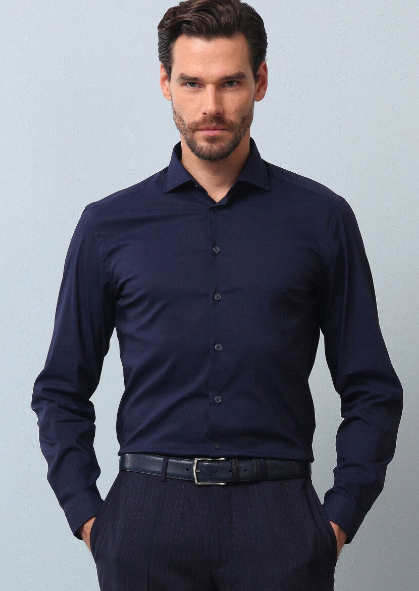Lacivert Düz Regular Fit Dokuma Casual Pamuk Karışımlı Gömlek 