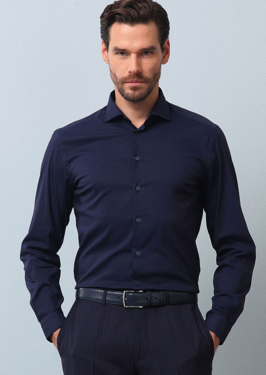 Lacivert Düz Regular Fit Dokuma Casual Pamuk Karışımlı Gömlek - 2