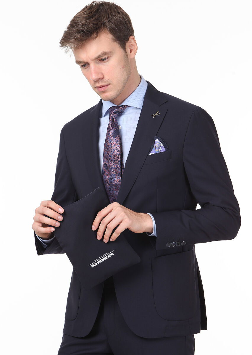 Lacivert Düz Shirt Shoulder Slim Fit %100 Yün Takım Elbise - 1