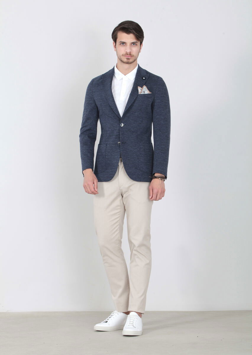 Lacivert Düz Shirt Shoulder-slim Fit Pamuk Karışımlı Örme Ceket - 1