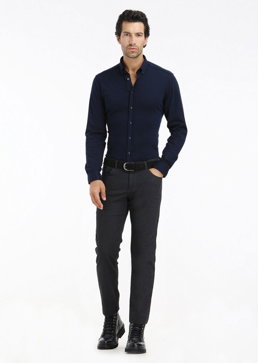 Lacivert Düz Slim Fit Casual %100 Pamuk Gömlek - 1