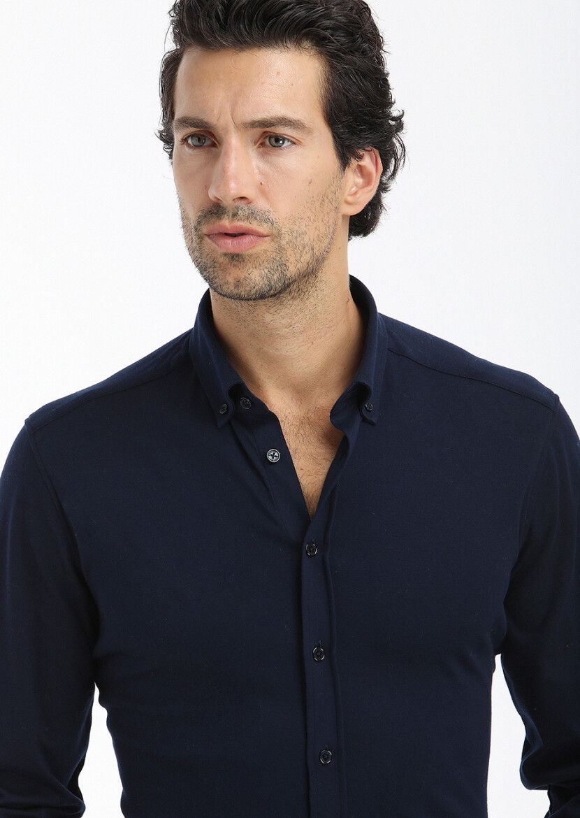 Lacivert Düz Slim Fit Casual %100 Pamuk Gömlek - 2