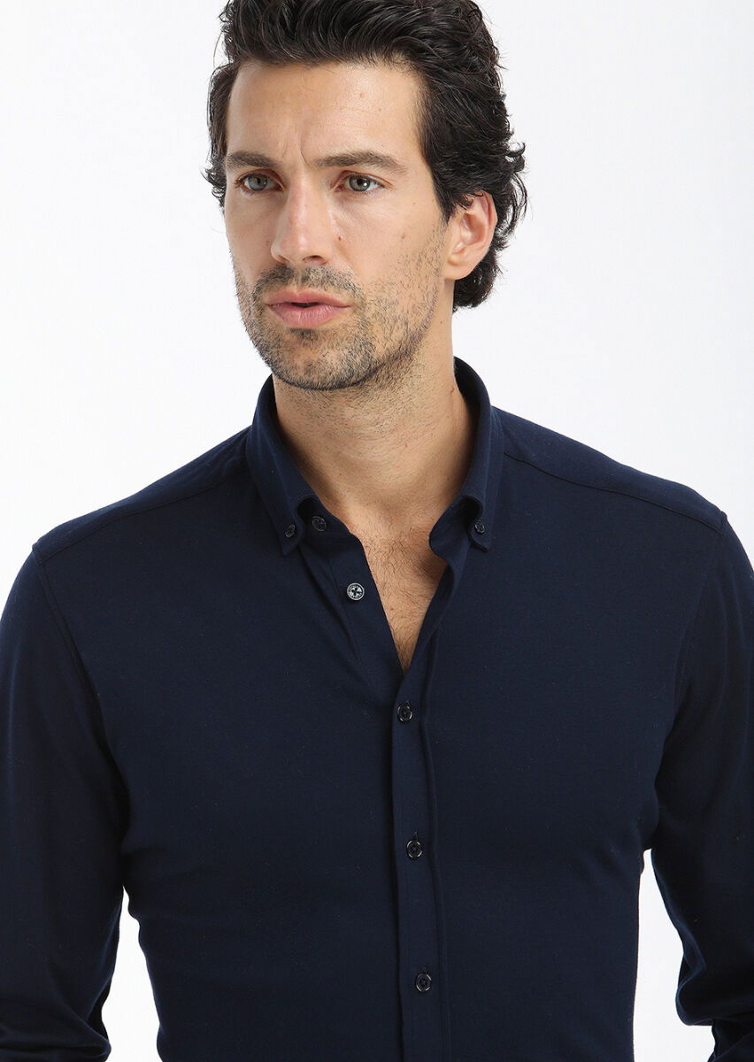 Lacivert Düz Slim Fit Casual %100 Pamuk Gömlek - 2