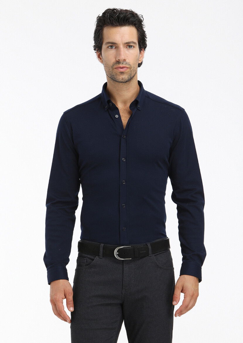 Lacivert Düz Slim Fit Casual %100 Pamuk Gömlek - 3