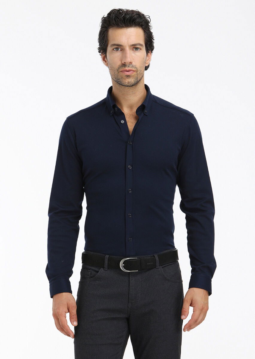 Lacivert Düz Slim Fit Casual %100 Pamuk Gömlek - 3