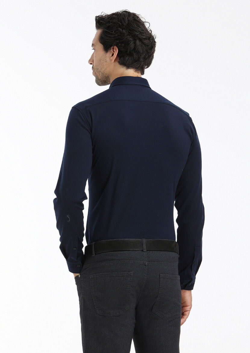 Lacivert Düz Slim Fit Casual %100 Pamuk Gömlek - 4