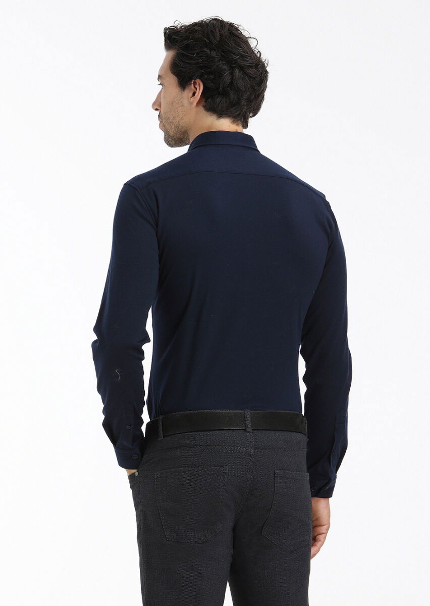 Lacivert Düz Slim Fit Casual %100 Pamuk Gömlek - 4
