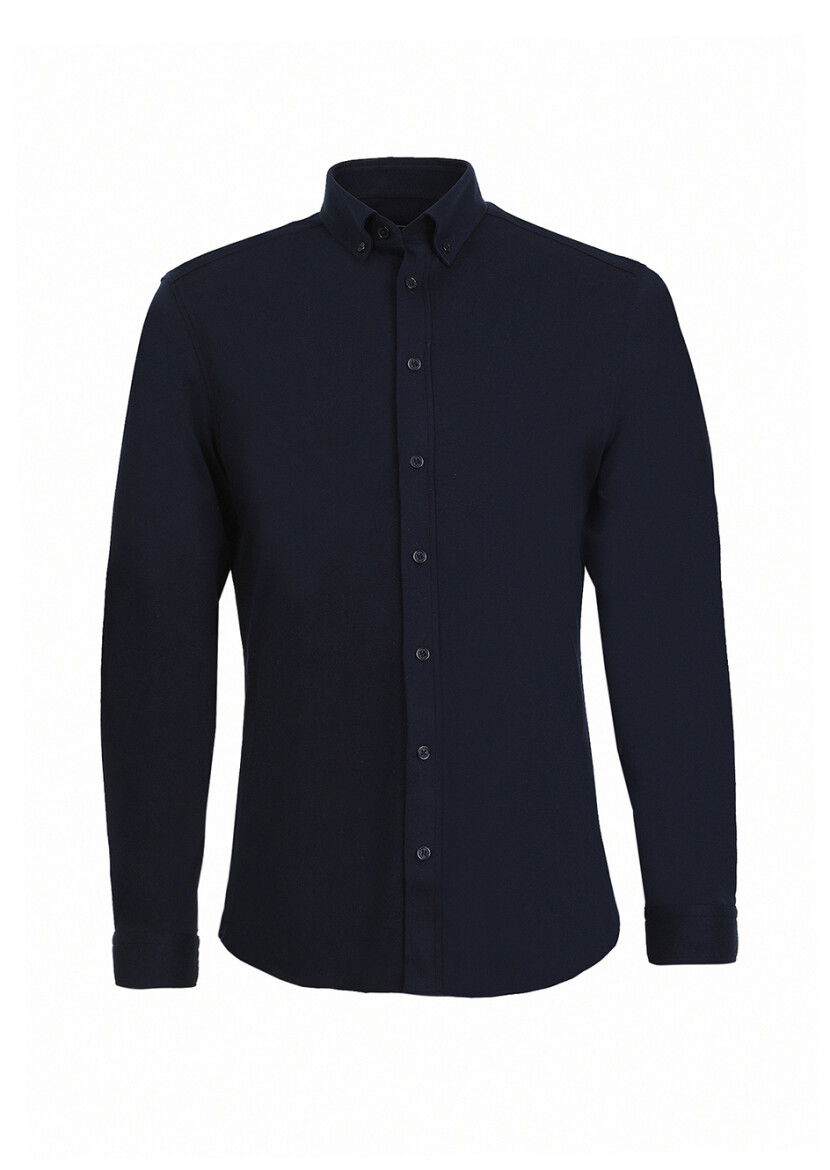 Lacivert Düz Slim Fit Casual %100 Pamuk Gömlek - 5