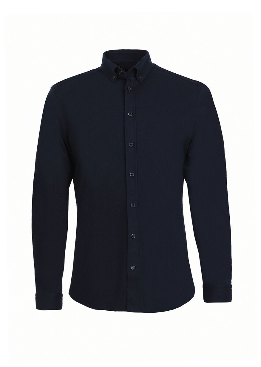 Lacivert Düz Slim Fit Casual %100 Pamuk Gömlek - 5