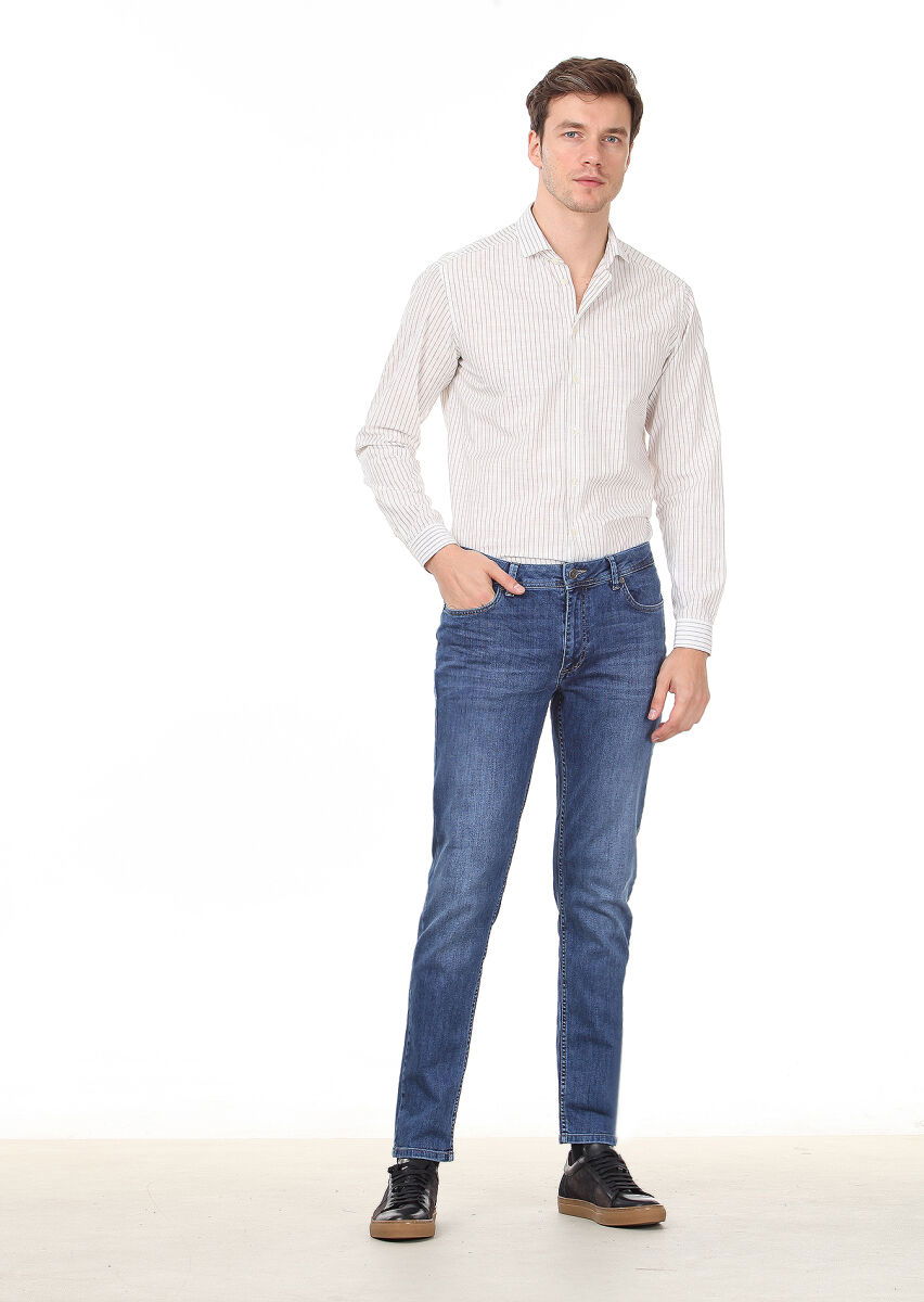 Lacivert Düz Slim Fit Denim Pamuk Karışımlı Pantolon - 3