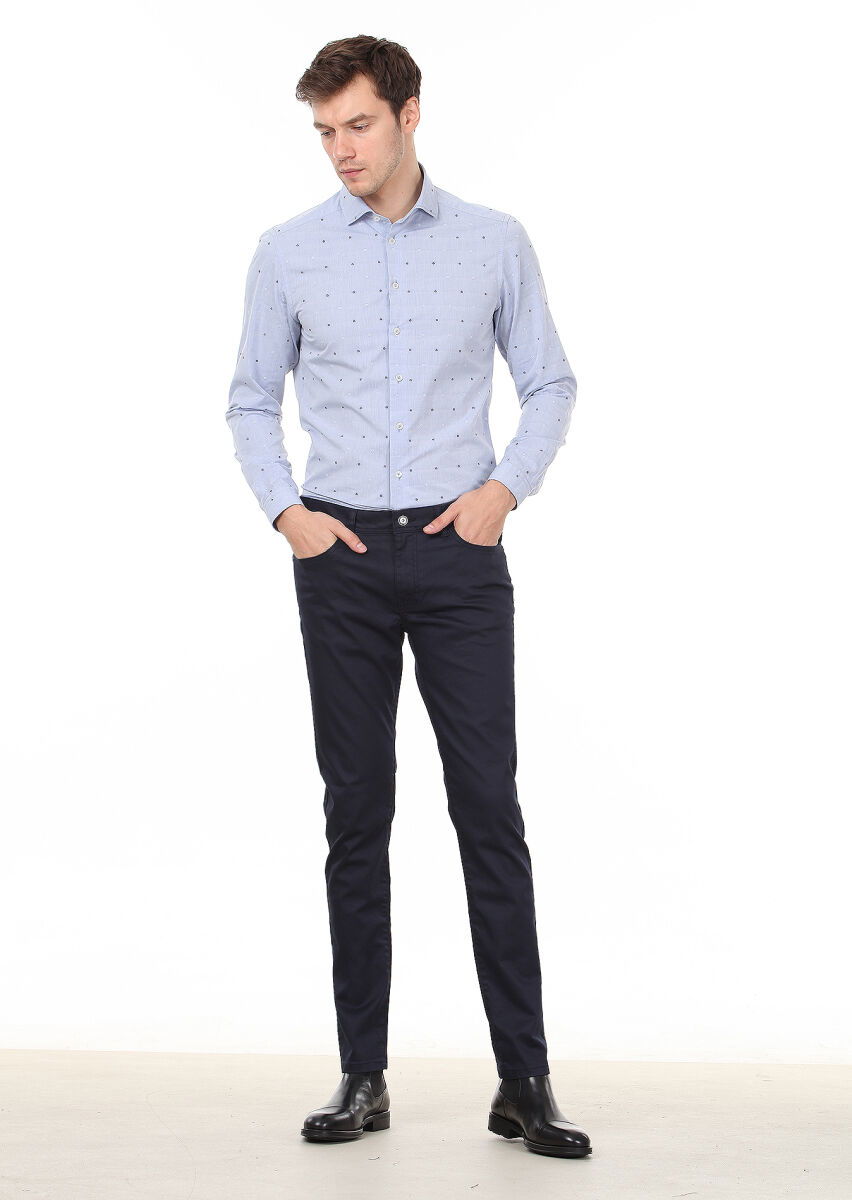 Lacivert Düz Slim Fit Denim Pamuk Karışımlı Pantolon - 1