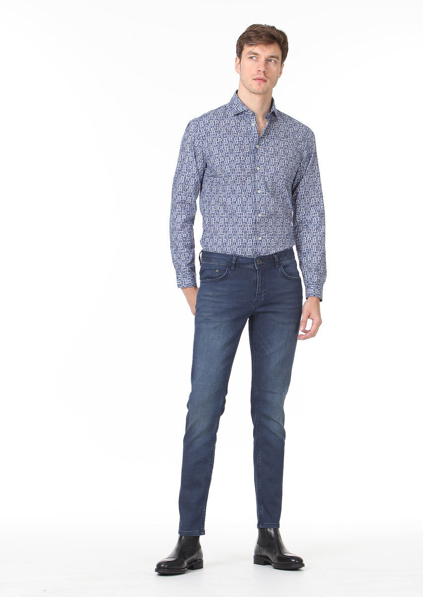 Lacivert Düz Slim Fit Denim Pamuk Karışımlı Pantolon - 2