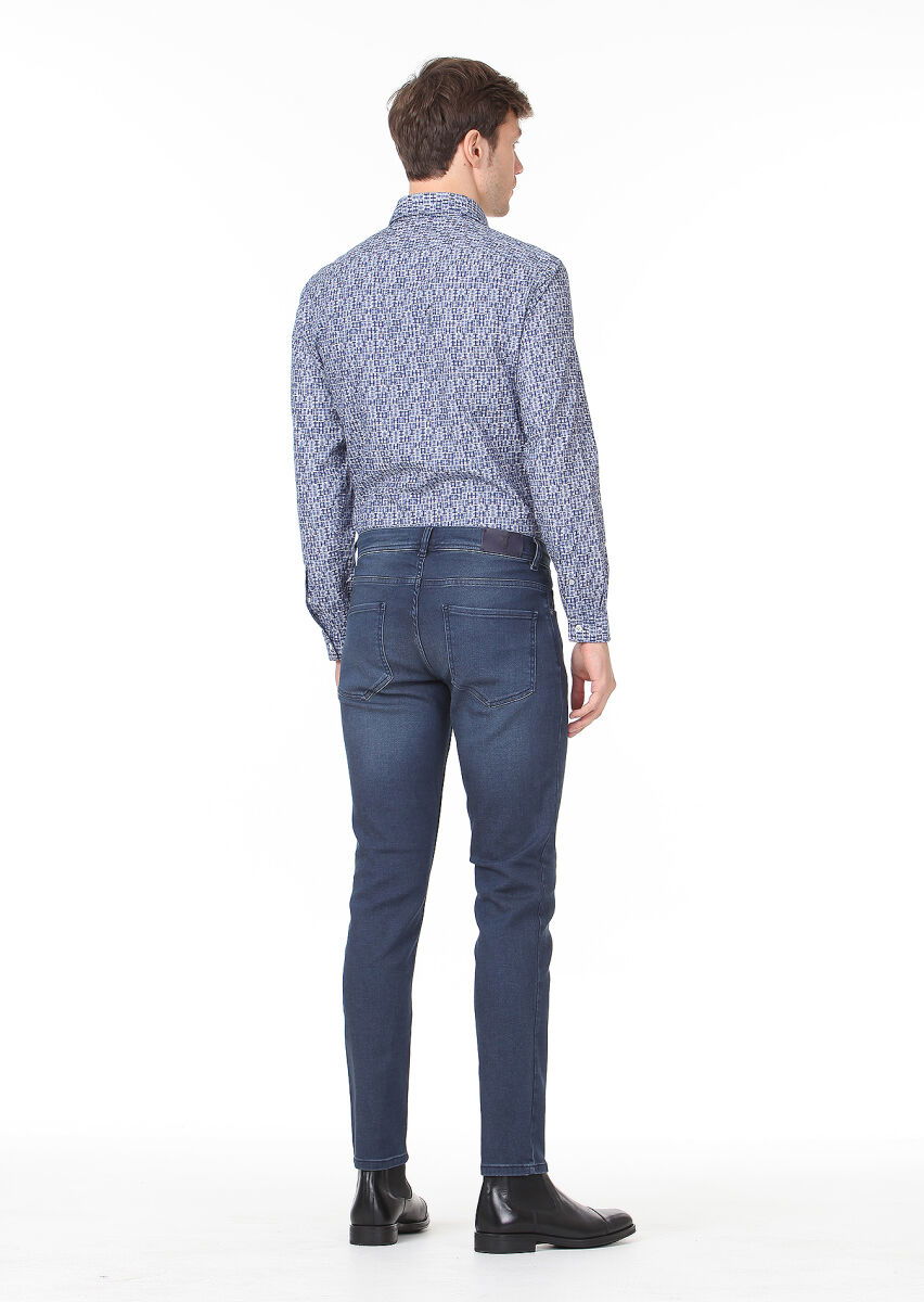 Lacivert Düz Slim Fit Denim Pamuk Karışımlı Pantolon - 4