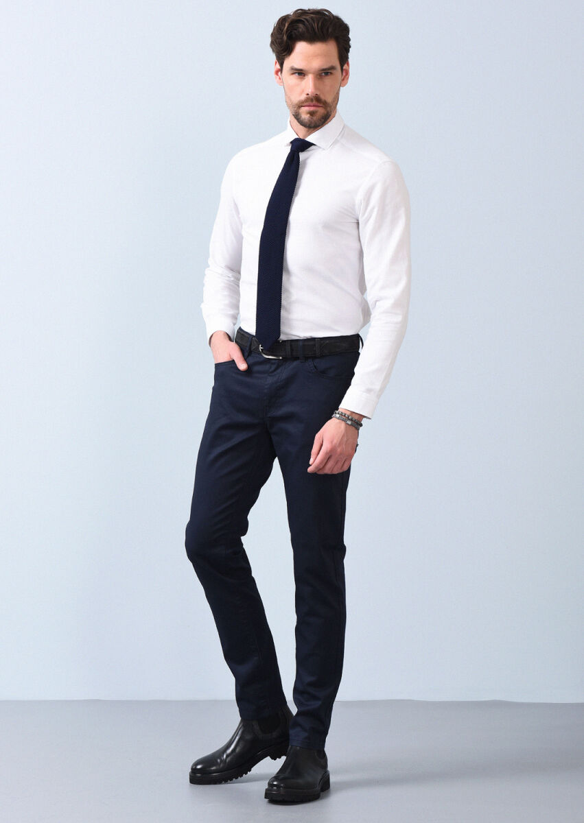 Lacivert Düz Slim Fit Denim Pamuk Karışımlı Pantolon - 1