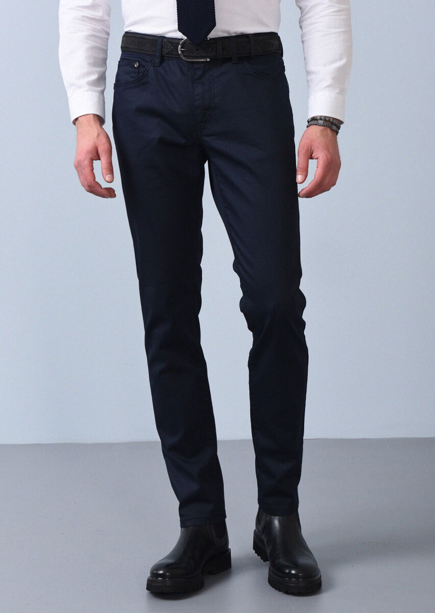 Lacivert Düz Slim Fit Denim Pamuk Karışımlı Pantolon - 3