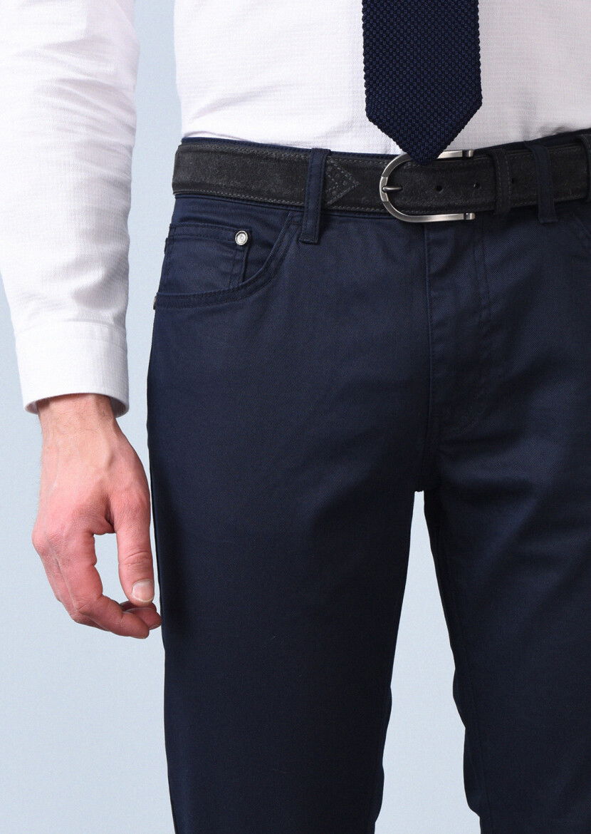 Lacivert Düz Slim Fit Denim Pamuk Karışımlı Pantolon - 4