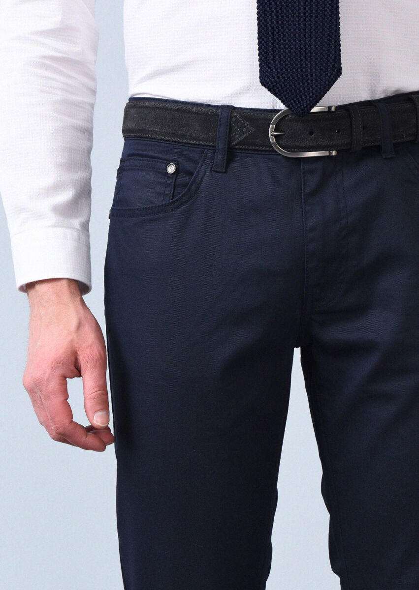Lacivert Düz Slim Fit Denim Pamuk Karışımlı Pantolon - 4