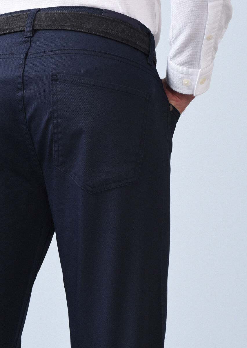 Lacivert Düz Slim Fit Denim Pamuk Karışımlı Pantolon - 5