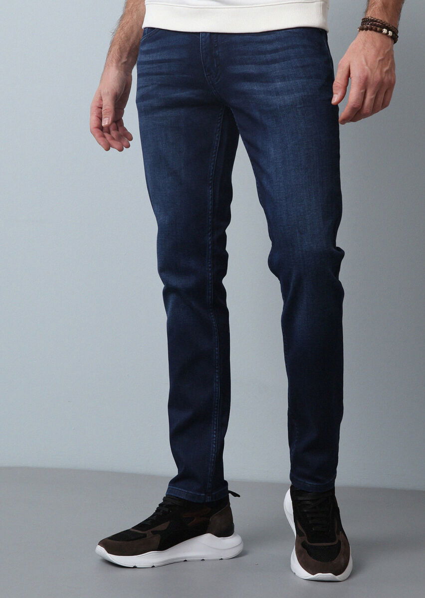 Lacivert Düz Slim Fit Denim Pamuk Karışımlı Pantolon - 1