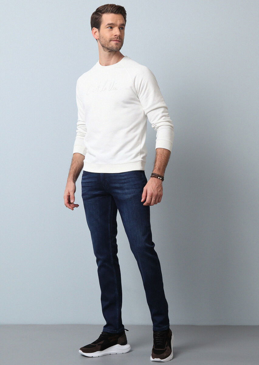 Lacivert Düz Slim Fit Denim Pamuk Karışımlı Pantolon - 4