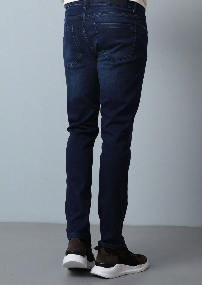 Lacivert Düz Slim Fit Denim Pamuk Karışımlı Pantolon - 5