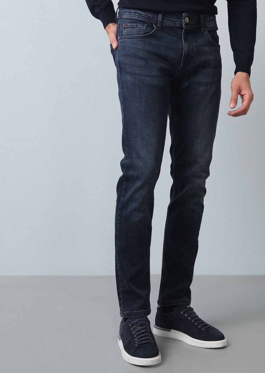 Lacivert Düz Slim Fit Denim Pamuk Karışımlı Pantolon - 2