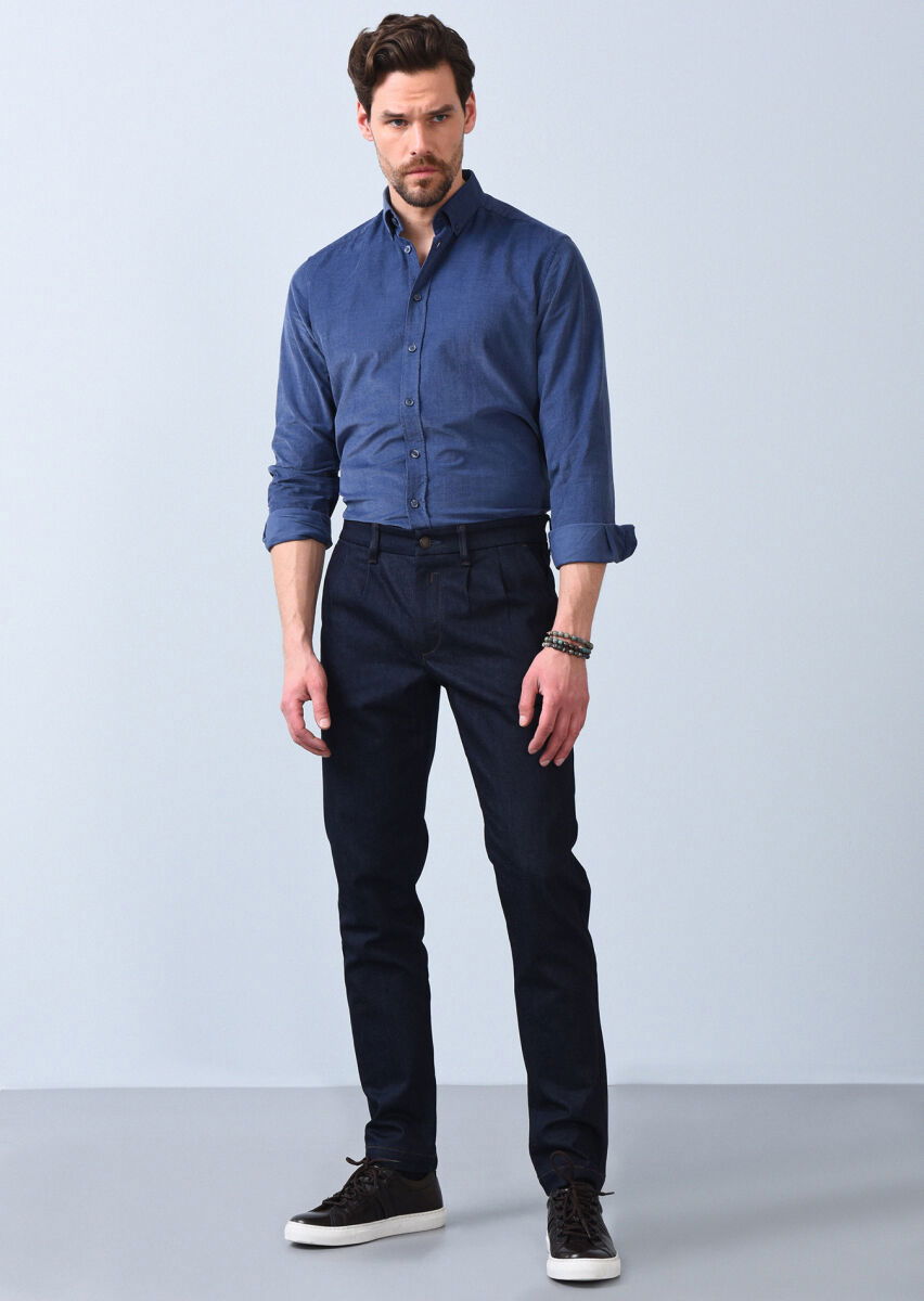 Lacivert Düz Slim Fit Denim Pamuk Karışımlı Pantolon - 1