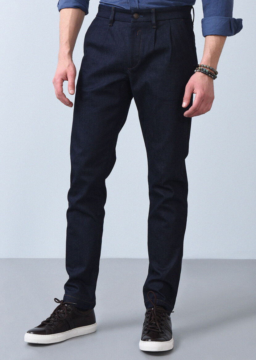 Lacivert Düz Slim Fit Denim Pamuk Karışımlı Pantolon - 2