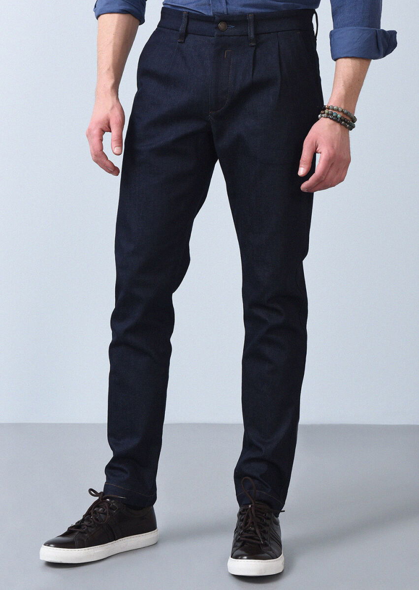 Lacivert Düz Slim Fit Denim Pamuk Karışımlı Pantolon - 2