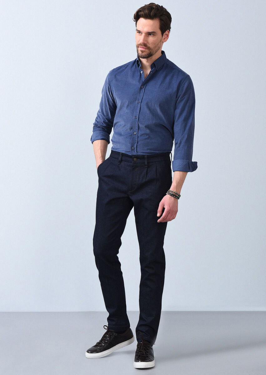 Lacivert Düz Slim Fit Denim Pamuk Karışımlı Pantolon - 3
