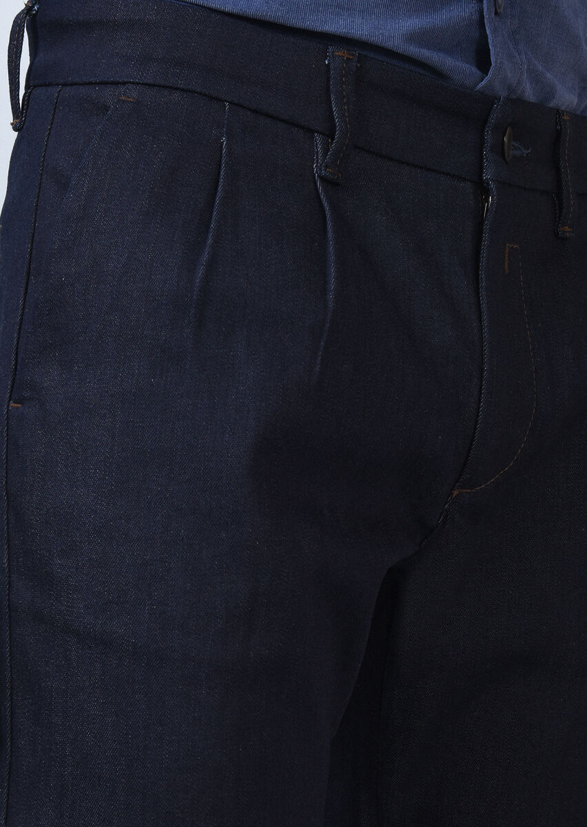 Lacivert Düz Slim Fit Denim Pamuk Karışımlı Pantolon - 4