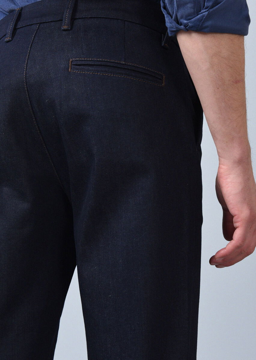 Lacivert Düz Slim Fit Denim Pamuk Karışımlı Pantolon - 5