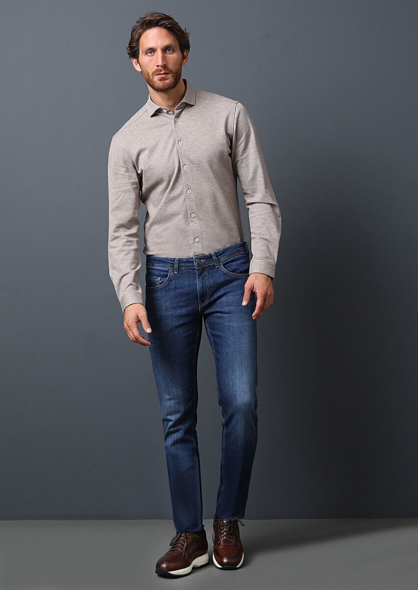 Lacivert Düz Slim Fit Denim Pamuk Karışımlı Pantolon - 1