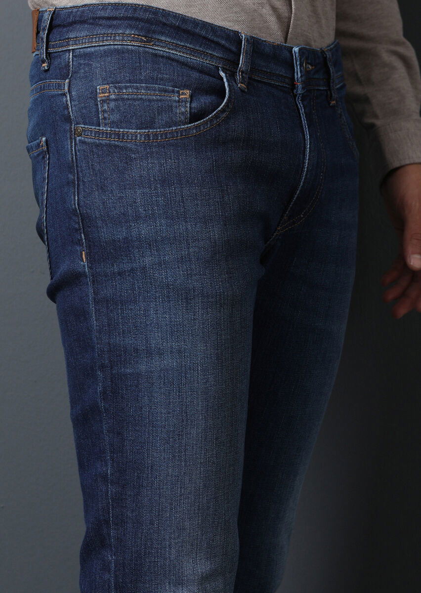 Lacivert Düz Slim Fit Denim Pamuk Karışımlı Pantolon - 3