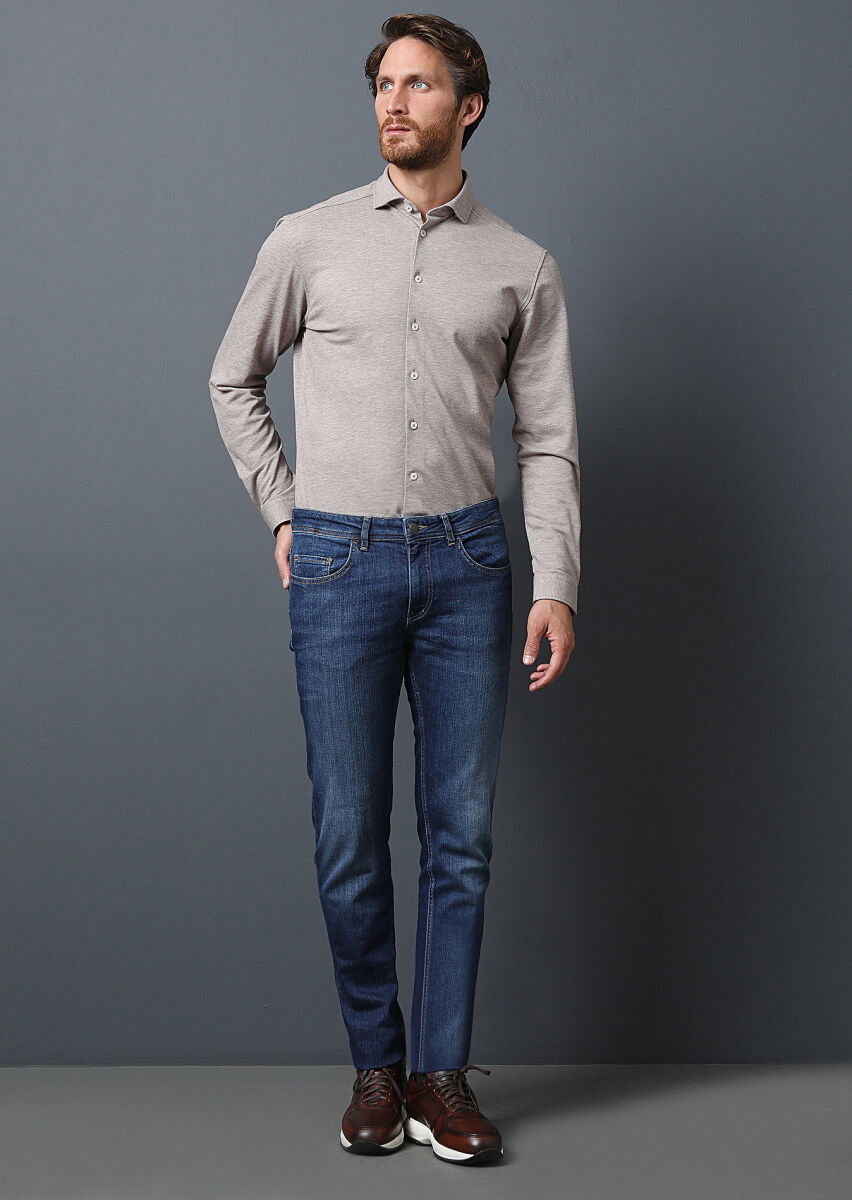 Lacivert Düz Slim Fit Denim Pamuk Karışımlı Pantolon - 4
