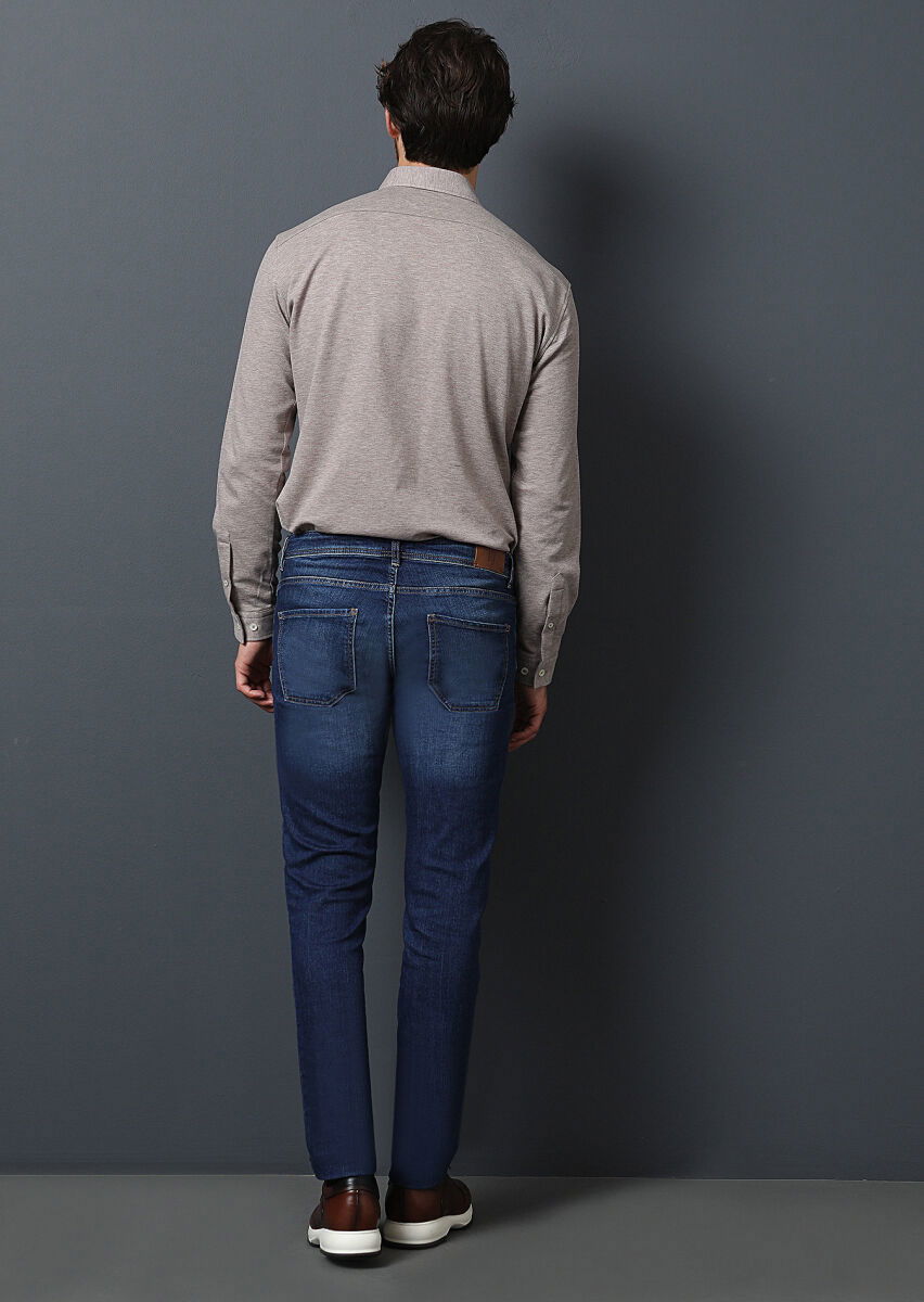 Lacivert Düz Slim Fit Denim Pamuk Karışımlı Pantolon - 5