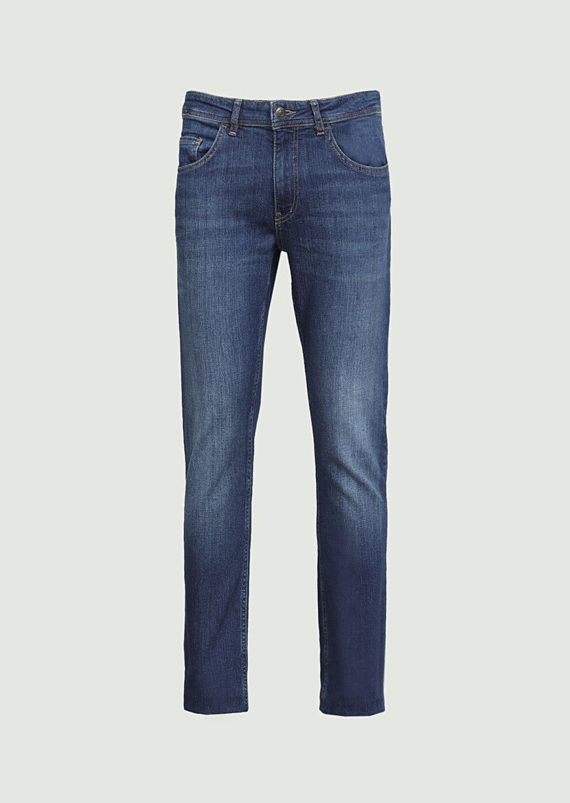 Lacivert Düz Slim Fit Denim Pamuk Karışımlı Pantolon - 6